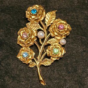 Gold Tone Rose Bouquet Brooch